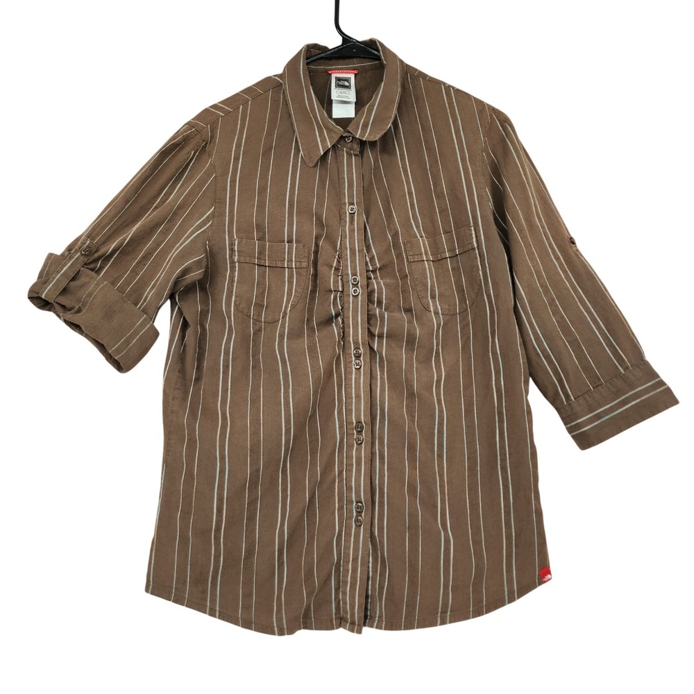 The North Face Button Down Shirt XL Women Brown Striped Roll Tab Sleeve Utility